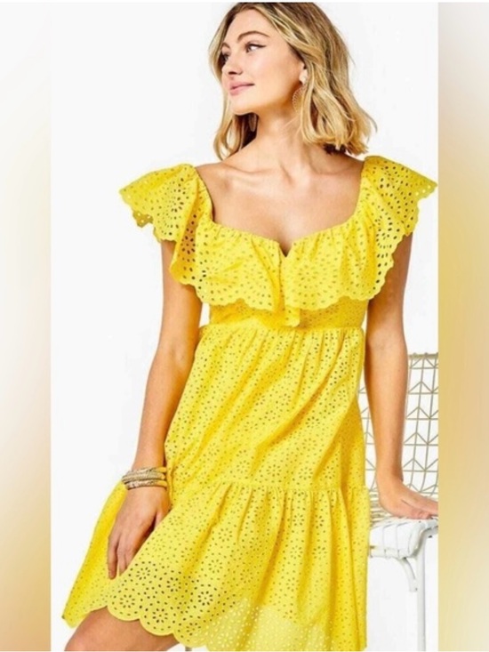 Lilly Pulitzer Dresses & Skirts - Lilly Pulitzer Yellow Eyelet Ruffle Smocked w Pockets Cotton Sundress Sz 2
